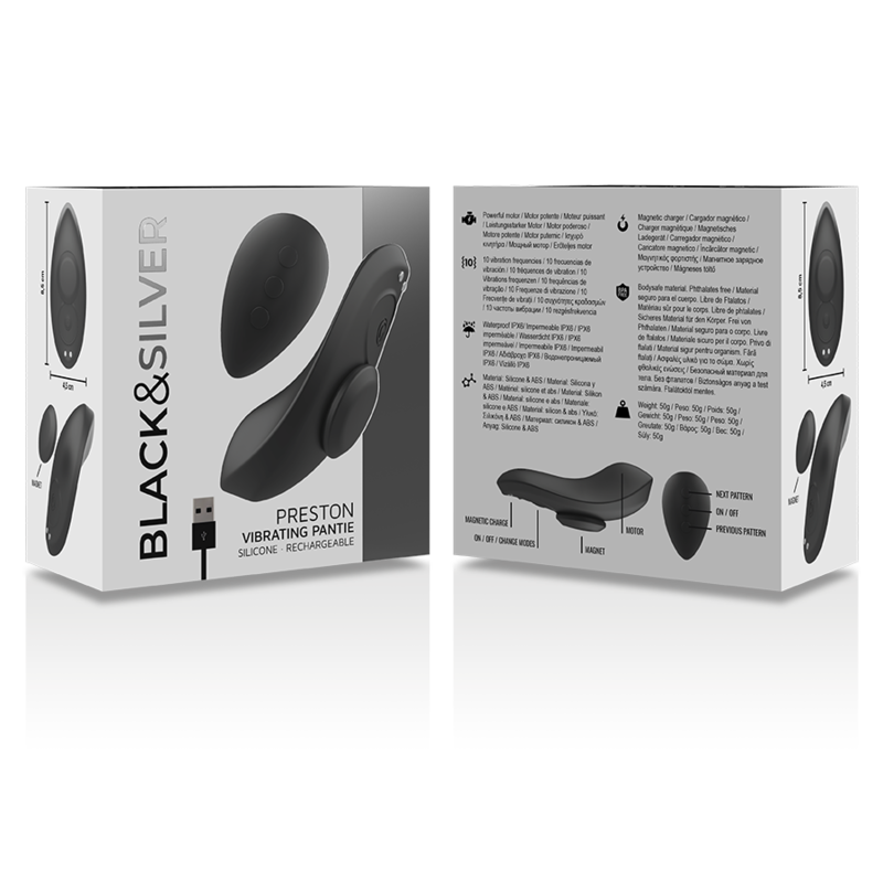 BLACK&SILVER - MUTANDINE VIBRANTI RICARICABILI IN SILICONE PRESTON NERE