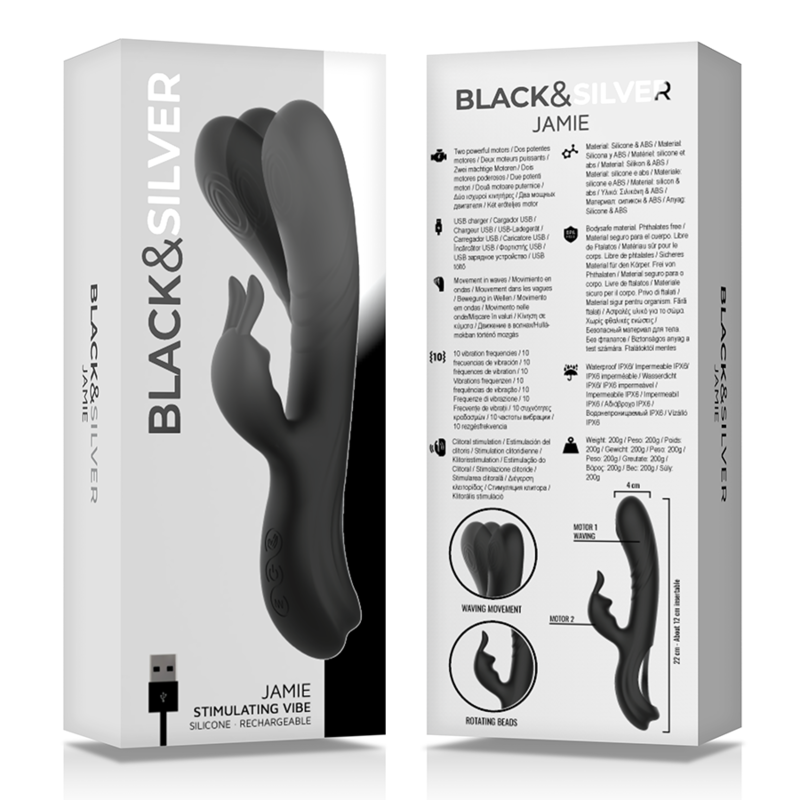 BLACK&SILVER - RECHARGEABLE BLACK JAMIE RABBIT SILICONE STIMULATOR