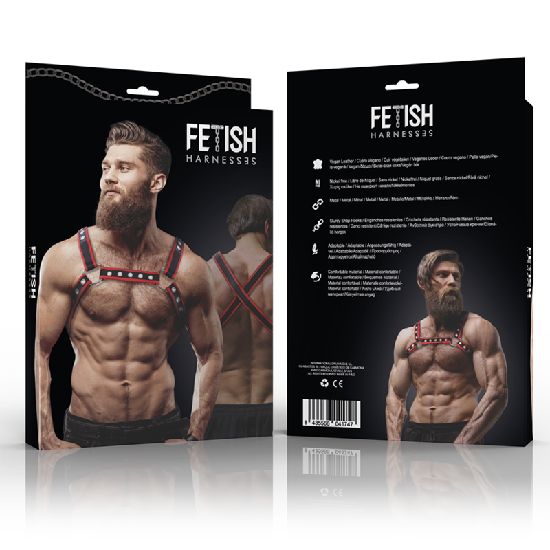 FETISH SUBMISSIVE ATTITUDE - IMBRACATURA DA PETTO BULLDOG IN ECOPELLE PER UOMO NERO/ROSSO