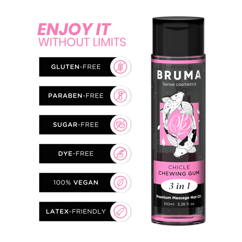 BRUMA - OLIO DA MASSAGGIO PREMIUM EFFETTO CALORE GUSTO GOMMA DA MASTICARE 3 IN 1 - 100 ML