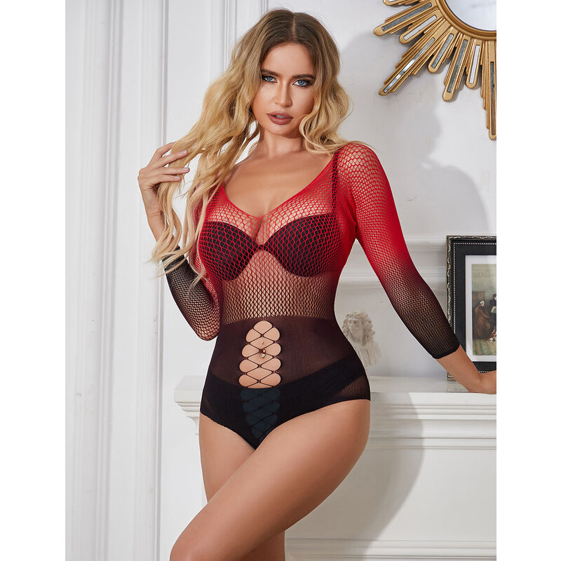 SUBBLIME - 952259 ELASTIC MESH DRESS LONG SLEEVES RED AND BLACK GRADIENT ONE SIZE