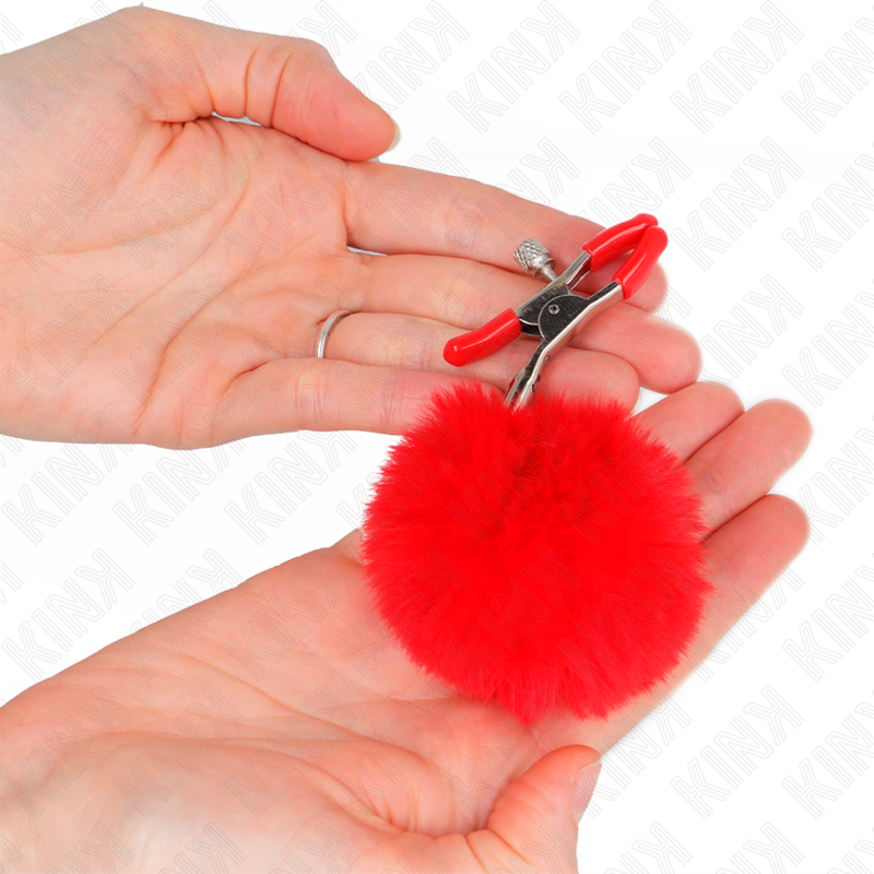 KINK - RED FAUX FUR BALL NIPPLE CLAMPS 6 CM