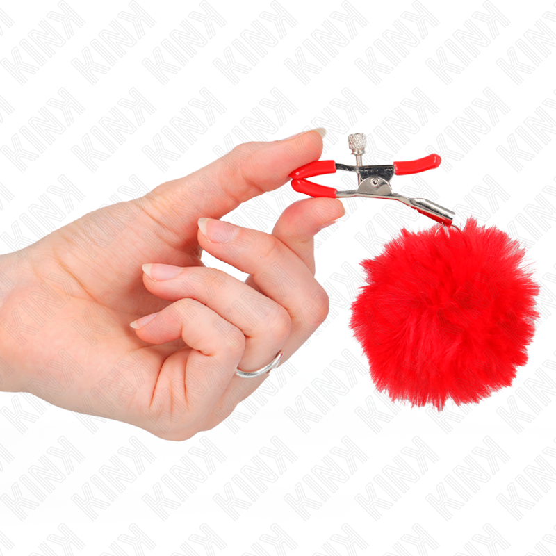 KINK - RED FAUX FUR BALL NIPPLE CLAMPS 6 CM