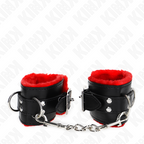 KINK - FUR-LINED HANDCUFFS WITH SQUARE HOLES, ADJUSTABLE RED AND BLACK BELT 17-29 CM X 6 CM