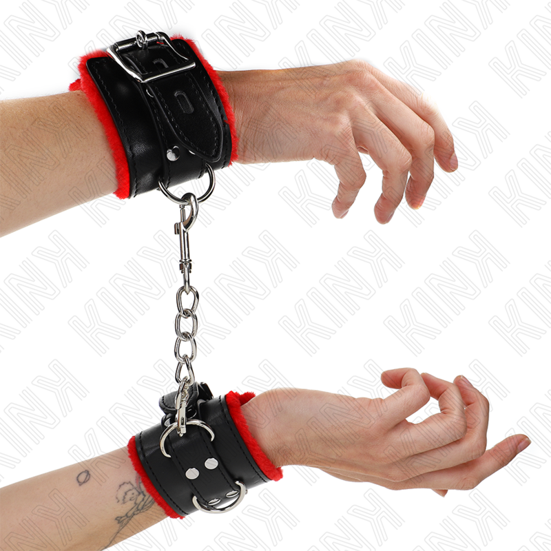 KINK - FUR-LINED HANDCUFFS WITH SQUARE HOLES, ADJUSTABLE RED AND BLACK BELT 17-29 CM X 6 CM