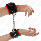 KINK - FUR-LINED HANDCUFFS WITH SQUARE HOLES, ADJUSTABLE RED AND BLACK BELT 17-29 CM X 6 CM
