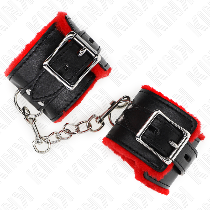 KINK - FUR-LINED HANDCUFFS WITH SQUARE HOLES, ADJUSTABLE RED AND BLACK BELT 17-29 CM X 6 CM