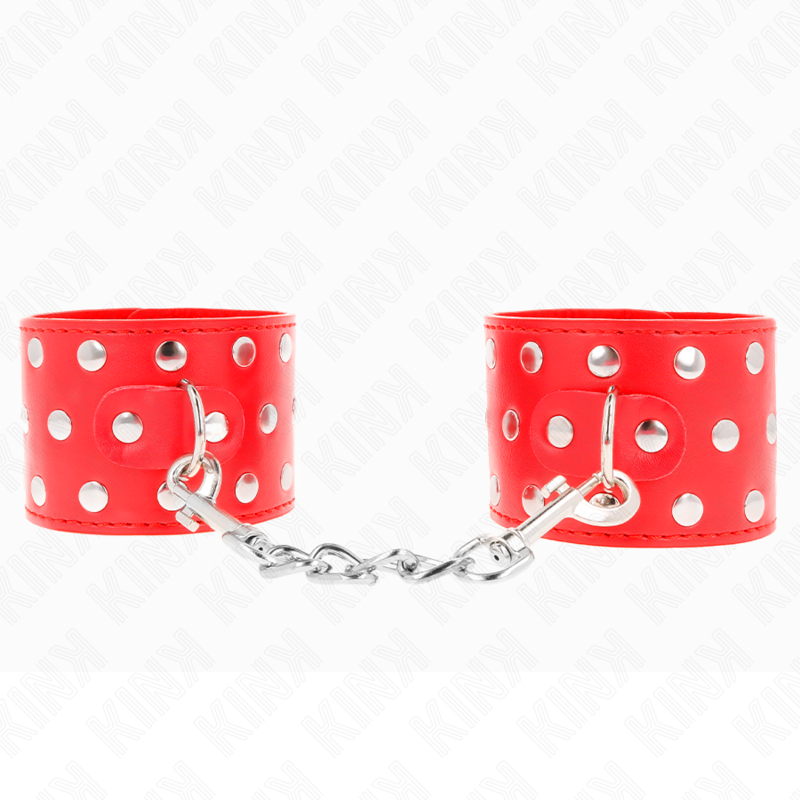 KINK - GRILLETES DE SUJECIÓN PARA MUÑECAS CON CIERRE DE PRESIÓN REPLETO DE REMACHES, ROJO, AJUSTABLE 19-24 CM X 5,5 CM