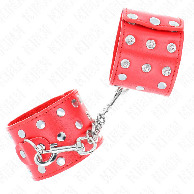 KINK - GRILLETES DE SUJECIÓN PARA MUÑECAS CON CIERRE DE PRESIÓN REPLETO DE REMACHES, ROJO, AJUSTABLE 19-24 CM X 5,5 CM