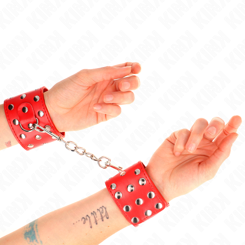KINK - GRILLETES DE SUJECIÓN PARA MUÑECAS CON CIERRE DE PRESIÓN REPLETO DE REMACHES, ROJO, AJUSTABLE 19-24 CM X 5,5 CM