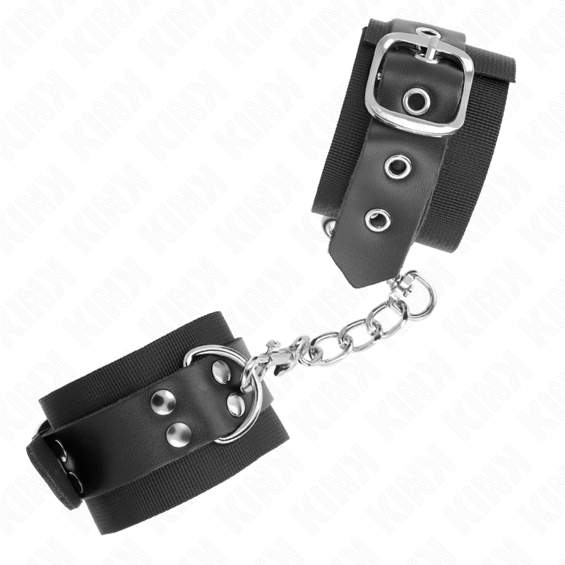 KINK - BLACK NYLON HANDCUFFS WITH ADJUSTABLE BLACK LEATHER BELT 19-29 CM X 5.1 CM
