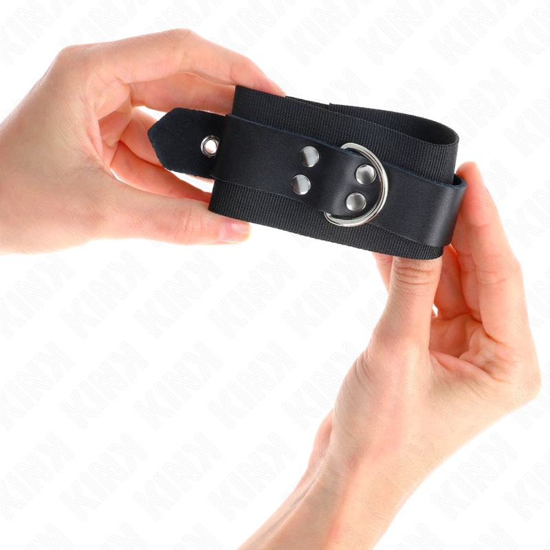 KINK - BLACK NYLON HANDCUFFS WITH ADJUSTABLE BLACK LEATHER BELT 19-29 CM X 5.1 CM