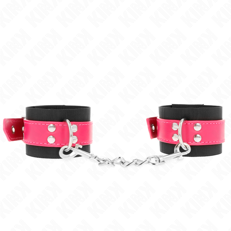 KINK - BLACK NYLON HANDCUFFS WITH ADJUSTABLE RASPBERRY PINK FAUX LEATHER BELT 19-29 CM X 5.1 CM