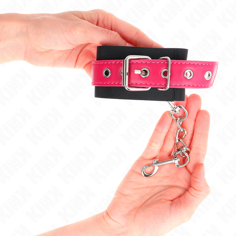 KINK - BLACK NYLON HANDCUFFS WITH ADJUSTABLE RASPBERRY PINK FAUX LEATHER BELT 19-29 CM X 5.1 CM