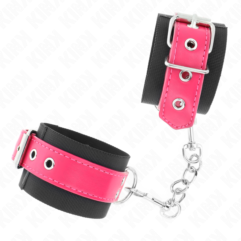 KINK - BLACK NYLON HANDCUFFS WITH ADJUSTABLE RASPBERRY PINK FAUX LEATHER BELT 19-29 CM X 5.1 CM