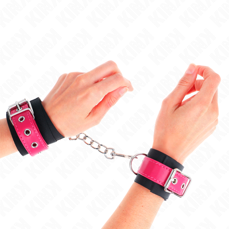 KINK - BLACK NYLON HANDCUFFS WITH ADJUSTABLE RASPBERRY PINK FAUX LEATHER BELT 19-29 CM X 5.1 CM
