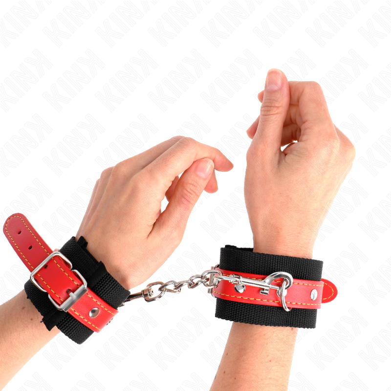 KINK - ESPOSAS DE NAILON NEGRO CON CUERO ROJO AJUSTABLES 19-24 CM X 5,5 CM