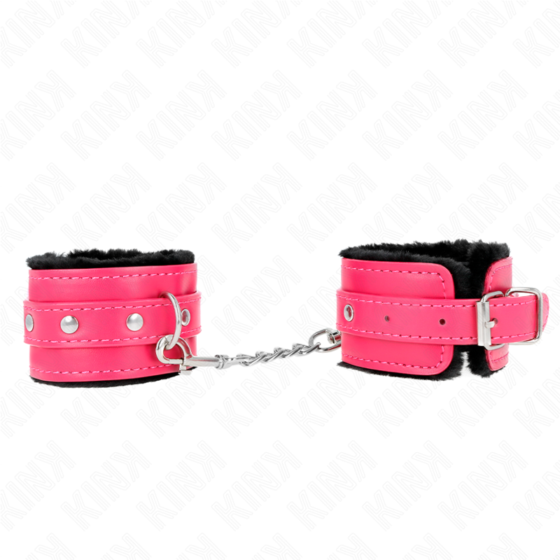 KINK - ESPOSAS CON FORRO DE PIEL PREMIUM NEGRAS CON CINTURÓN ROSA FRAMBUESA AJUSTABLE 17-29 CM X 6 CM