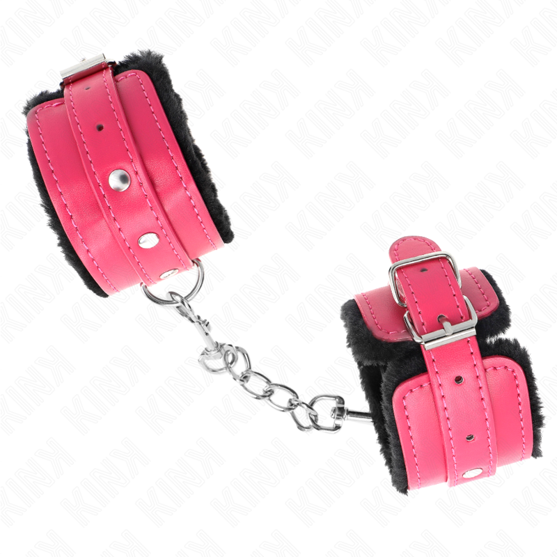 KINK - ESPOSAS CON FORRO DE PIEL PREMIUM NEGRAS CON CINTURÓN ROSA FRAMBUESA AJUSTABLE 17-29 CM X 6 CM