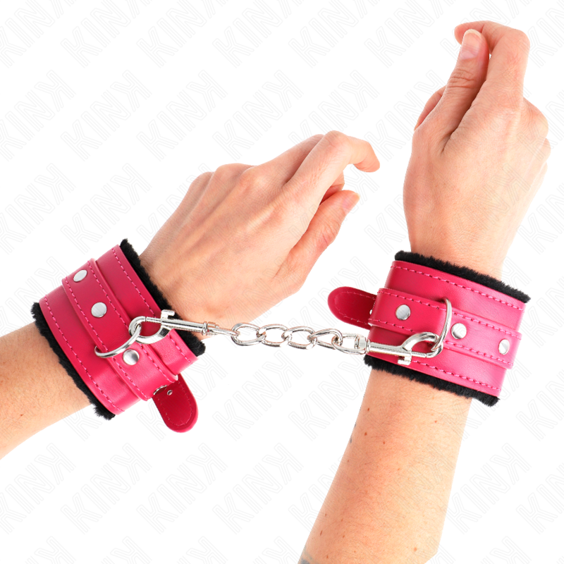 KINK - ESPOSAS CON FORRO DE PIEL PREMIUM NEGRAS CON CINTURÓN ROSA FRAMBUESA AJUSTABLE 17-29 CM X 6 CM