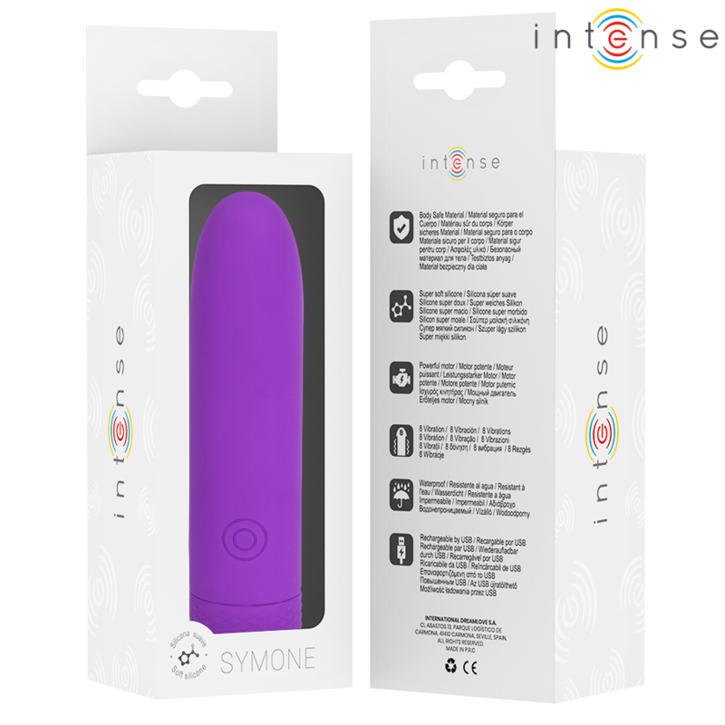 INTENSE - VIBRADOR TIPO BALA SYMONE VIBRANT RECARGABLE POR USB 8 VIBRACIONES VIOLETA 10 X 2,2 CM