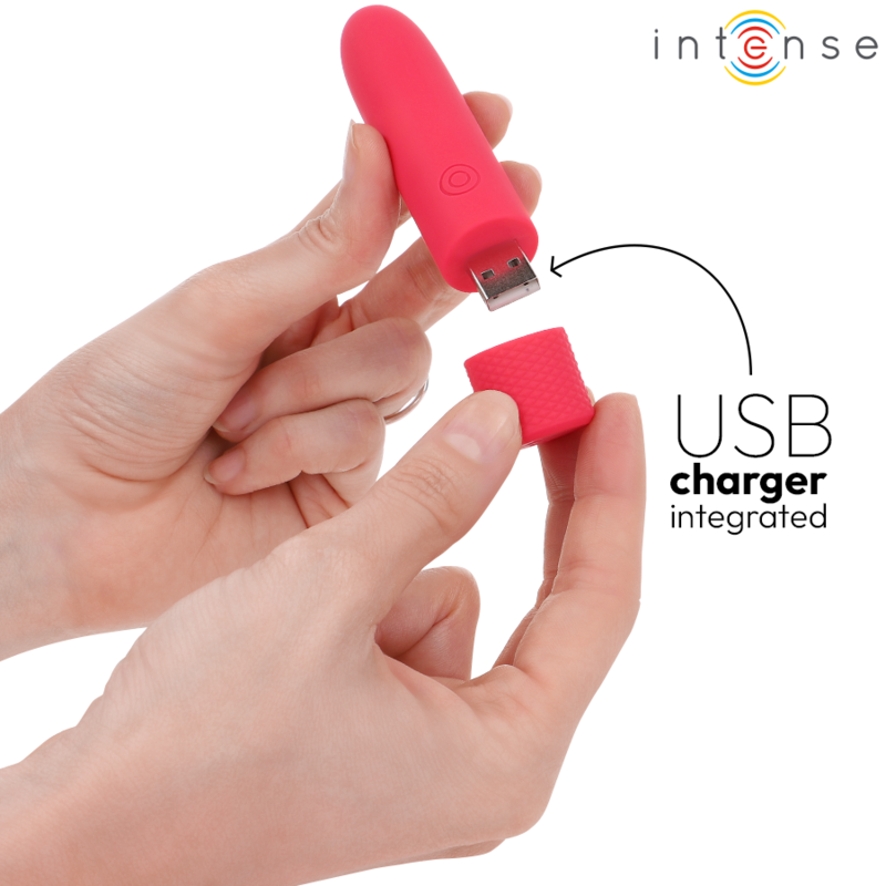 INTENSE - VIBRADOR TIPO BALA SYMONE RECARGABLE POR USB, 8 VIBRACIONES, ROJO, 10 X 2,2 CM