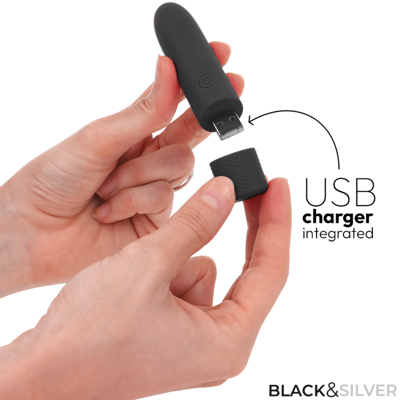BLACK & SILVER - VIBRADOR TIPO BALA GERI RECARGABLE POR USB, 8 VIBRACIONES, NEGRO, 10 X 2,2 CM