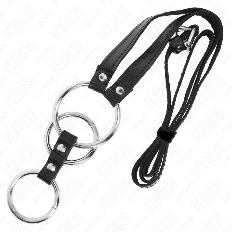 KINK - TRIPLE METAL COCK RING 3.8 CM TO 5 CM WITH LEATHER BELT 112 CM