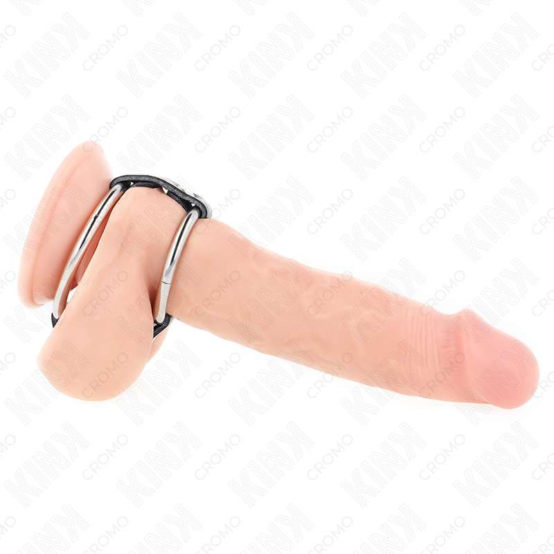 KINK - DOPPIO ANELLO PENIENO IN METALLO DA 3,8 CM A 5 CM COLLEGATO ALLA PELLE
