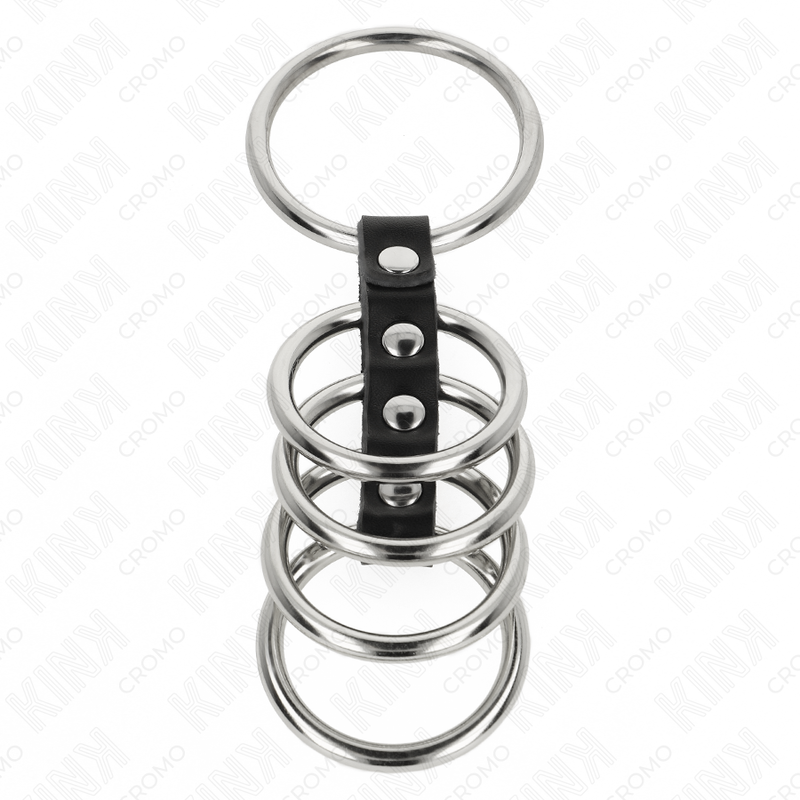 KINK - 5 ANELLI PENIENE DA 3,7 CM A 5 CM IN METALLO COLLEGATI DA CUOIO