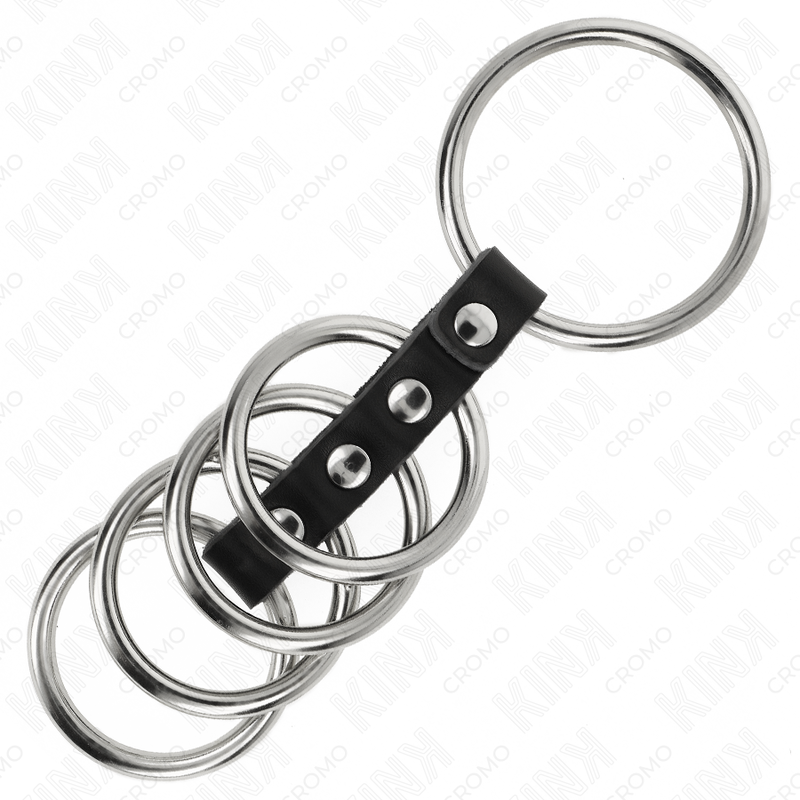 KINK - 5 ANELLI PENIENE DA 3,7 CM A 5 CM IN METALLO COLLEGATI DA CUOIO