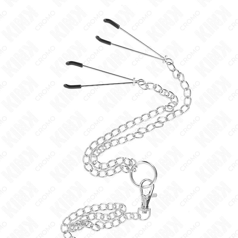 KINK - TRIPLE CHROME METAL COCK RING 3.8 CM TO 5 CM WITH 26 CM METAL CHAIN AND NIPPLE CLAMPS MODEL 2
