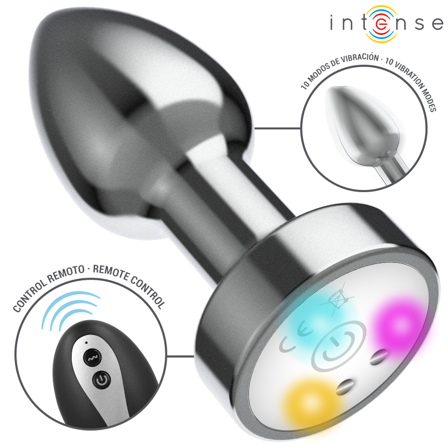 INTENSE - PLUG ANAL VIBRADOR METÁLICO CON LUCES LED Y MANDO A DISTANCIA - TALLA M