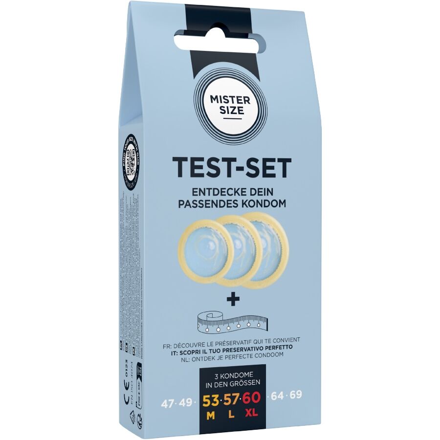 MISTER SIZE - KIT DE PRUEBA: 3 PRESERVATIVOS DE DIFERENTES TAMAÑOS + MEZCLA DE PUNTOS