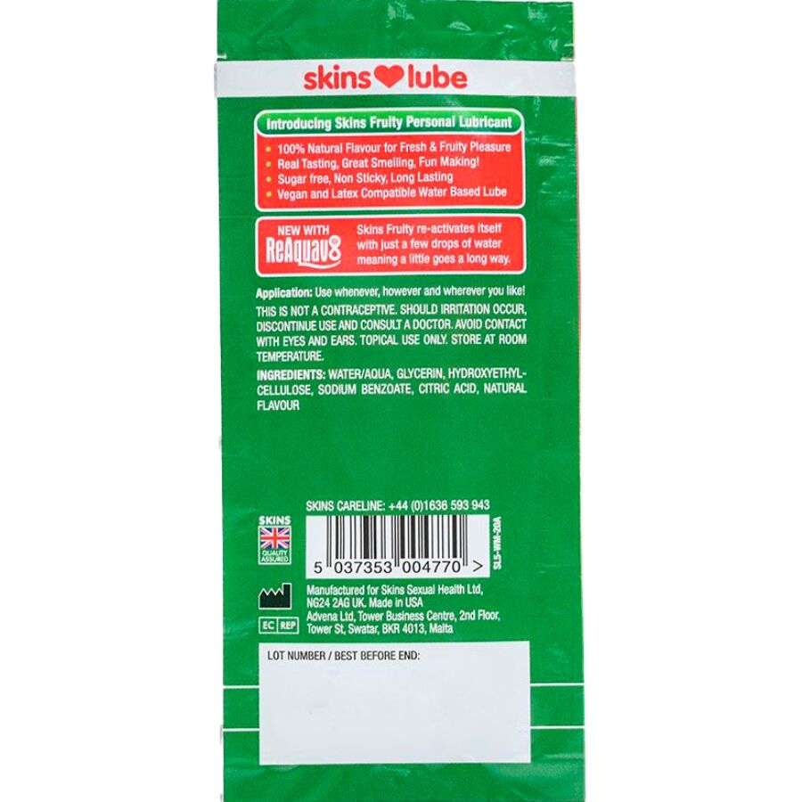 SKINS - LUBRICANTE FRUTAL A BASE DE AGUA AROMA SANDÍA MONODOSIS 5 ML