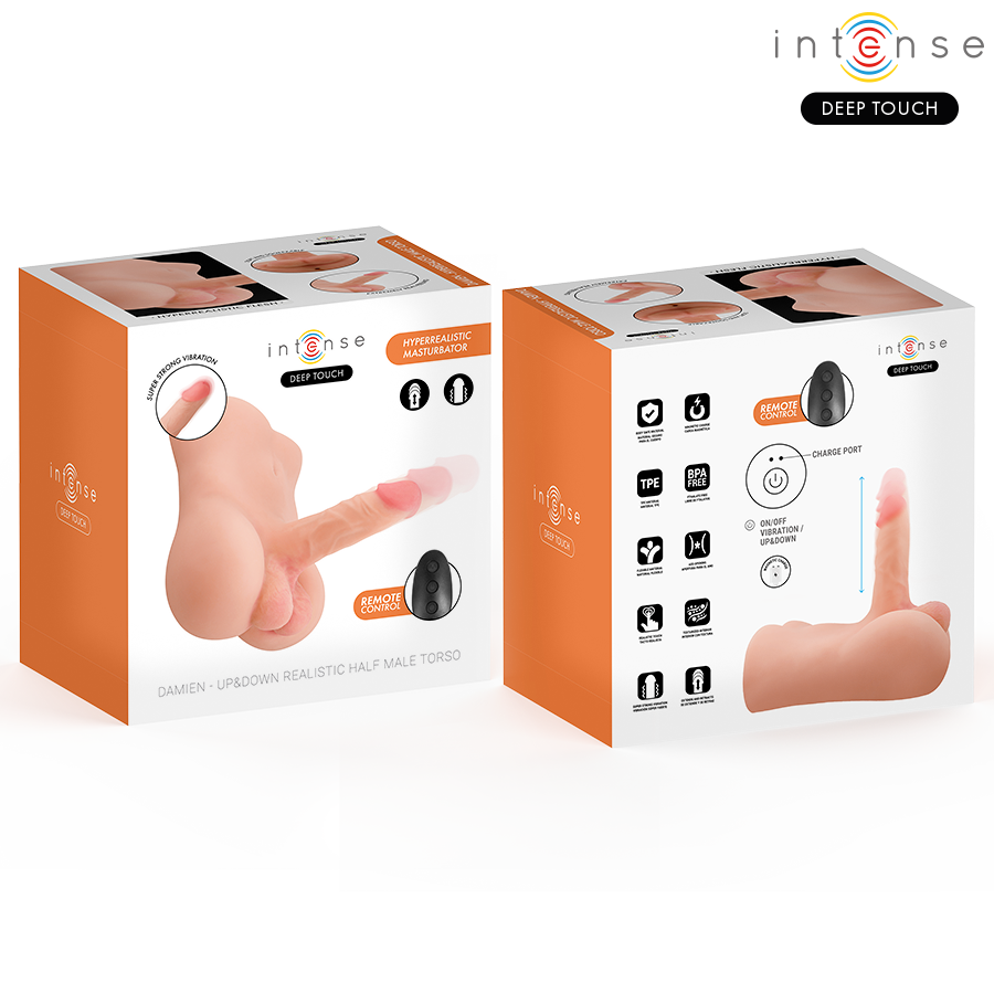 INTENSE DEEP TOUCH - BUSTO DAMIEN CON DILDO REALISTICO CON FUNZIONE DI SPINTA E VIBRAZIONE, TELECOMANDO, 3,5 KG