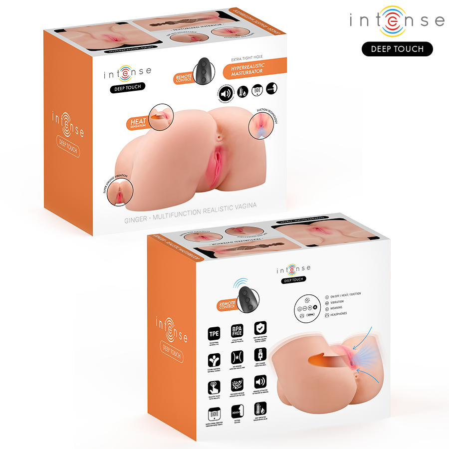 INTENSE DEEP TOUCH - MASTURBATORE VAGINALE GINGER CON SUZIONE, CALORE, VIBRAZIONE ED EFFETTI VOCALI, TELECOMANDO INCLUSO, 5,3 KG