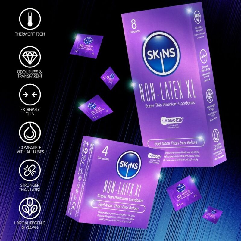 SKINS - PRESERVATIVOS SIN LÁTEX, PAQUETE DE 4, TAMAÑO XL