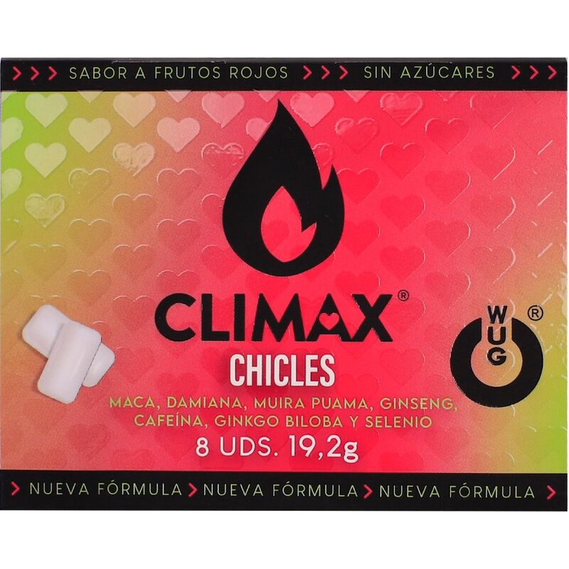 WUG Climax - Gomma da masticare funzionale a base di maca, damiana e ginseng per stimolare il desiderio e la vitalità intima. Blister da 8 unità.