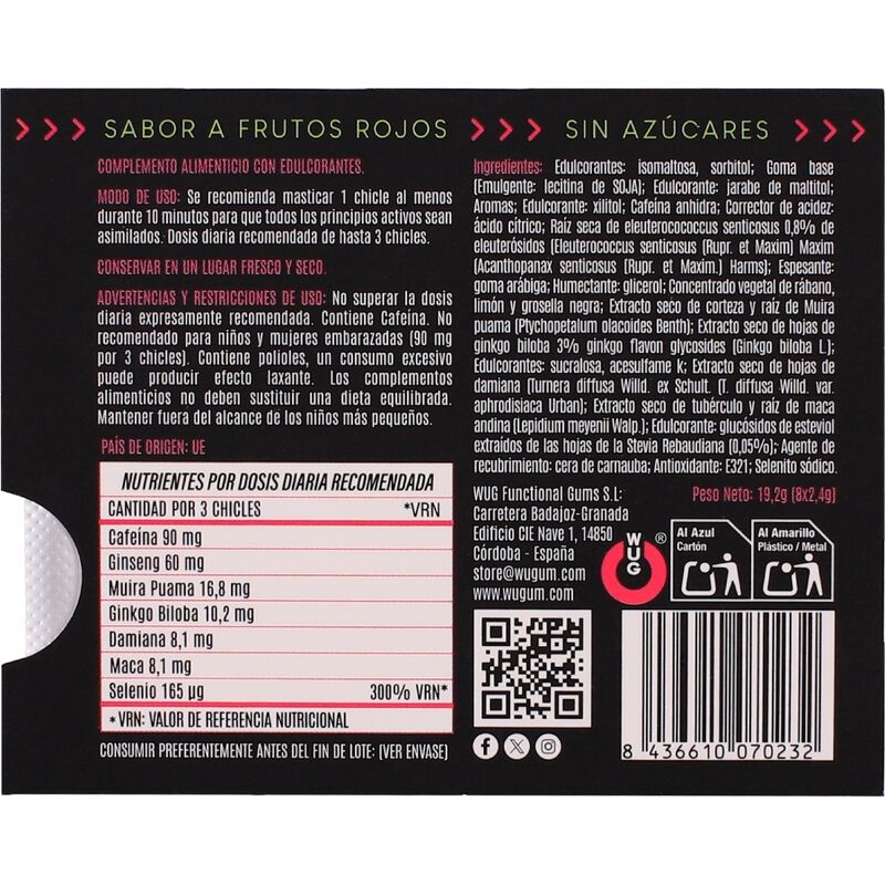 WUG Climax - Gomma da masticare funzionale a base di maca, damiana e ginseng per stimolare il desiderio e la vitalità intima. Blister da 8 unità.