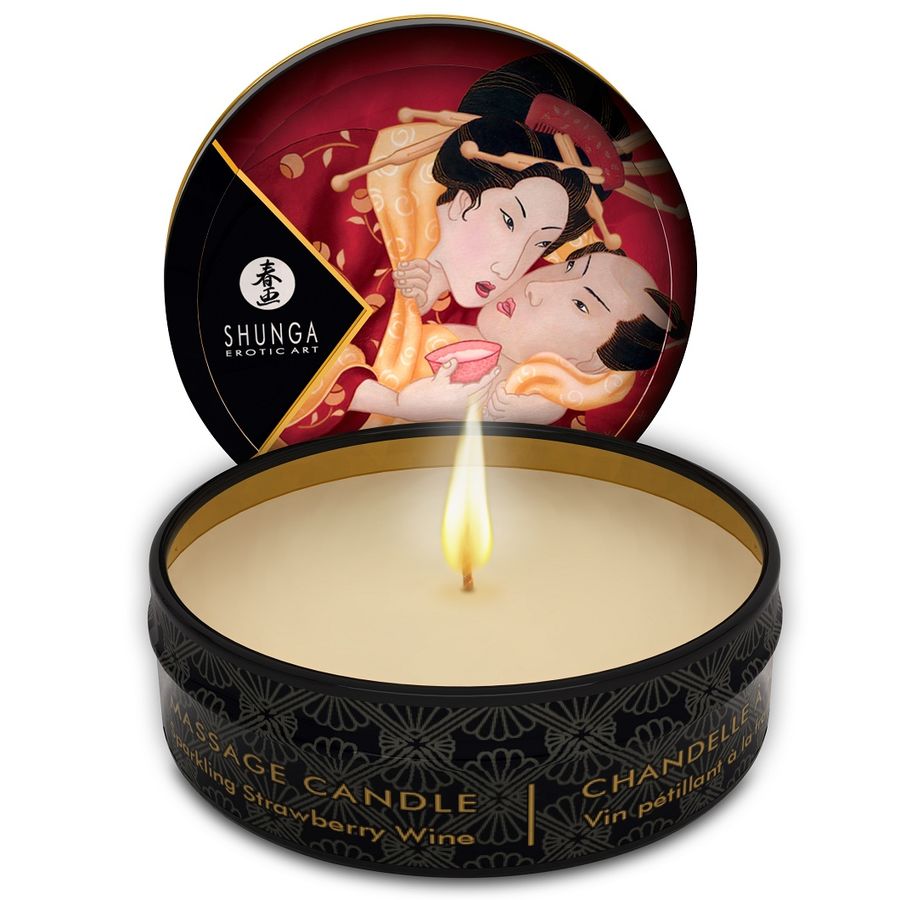 SHUNGA - MINI OLIO DA MASSAGGIO CANDELA AL PROFUMO DI FRAGOLA E CANDELA DA MASSAGGIO AL CAVA 30 ML
