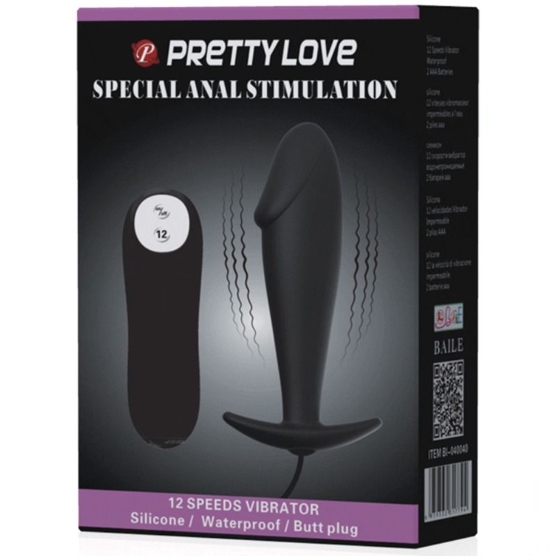 PRETTY LOVE - PLUG ANAL DE SILICONA CON FORMA DE PENE Y 12 MODOS DE VIBRACIÓN NEGRO